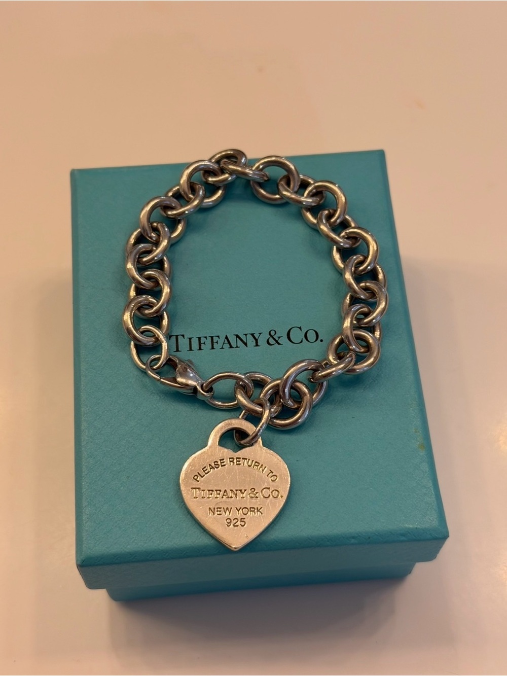 Tiffany & Co. Sterling Silver Heart Tag Bracelet on Blue Box